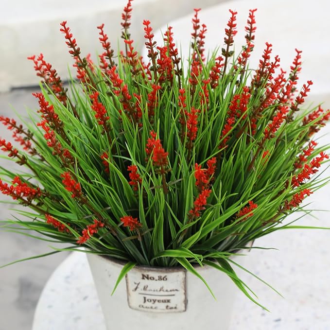 alyptus Artificial Flowers Outdoor 12 Bundles Fake Plants Outside Red Flower Grass Faux Greenery Spring Summer Wildflower Decoration for Outdoors Yard Front Porch Planter Decor (Red Flowers) ALYPTUS