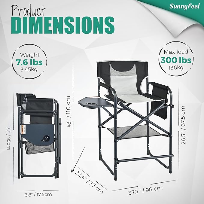 SUNNYFEEL Tall Camping Directors Chair, Portable Folding Artist Makeup Chair with Side Table, Pocket, Footrest, Heavy Duty for Beach,Trip,Picnic,Concert Outdoor Foldable Camp Lawn Chairs SunnyFeelCamping