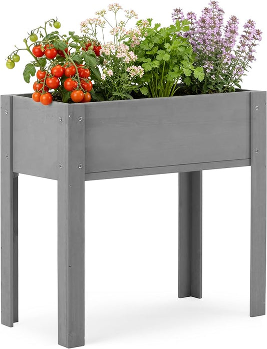 Raised Garden Bed with Legs, 31x16x31'', Outdoor Wood Elevated Planter Box, Grey Cedar, Thick Legs, w/Liner OutdoorFurniture