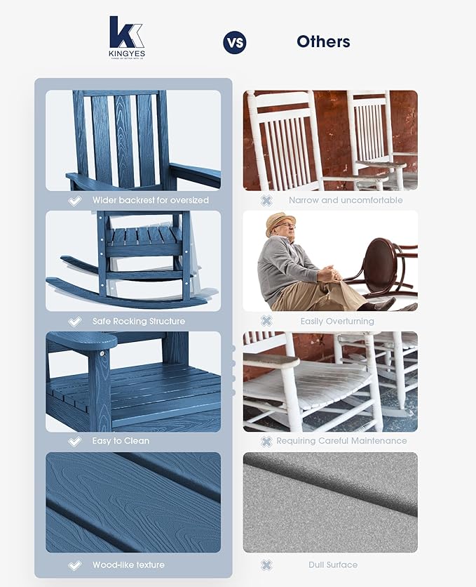 KINGYES Oversized Outdoor Rocking Chair Set of 2, All-Weather Patio Rocking Chairs for Porch, HDPE Outdoor Patio Rockers with High Back & Wide Seat for Garden, Lawn, Blue KINGYES