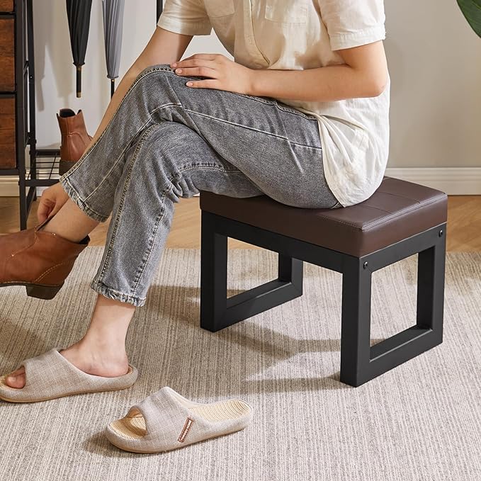 IBUYKE 16 Inch Small Foot Stool Ottoman, Rectangle PU Faux Leather Foot Rest with Padded Seat and Metal Legs, Modern Ottoman Foot Rest for Living Room Bedroom Entryway Couch, Deep Coffee WBD026K IBUYKE