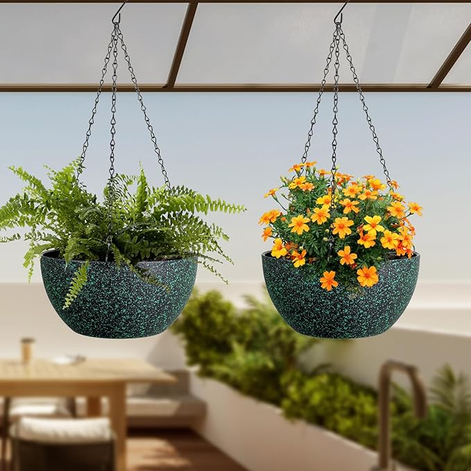 8 inch Small Hanging Planters for Indoor Outdoor Plants, 2 Pack Hanging Flower Pots with Drainage Holes and Chain, Plastic Hanging Baskets for House Plants, Black with Green Speckles Meowell