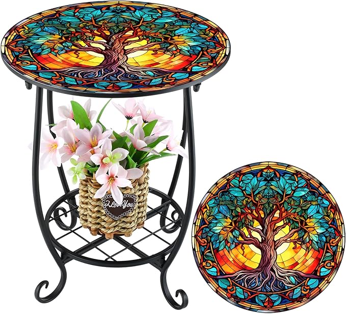 Outdoor Side Table Round Small Mosaic Patio Accent Indoor End Plant Coffee Tea Table for Yard Patio Porch Garden Living Room, Bedroom(Tree Style,14 Inch) Cinnvoice