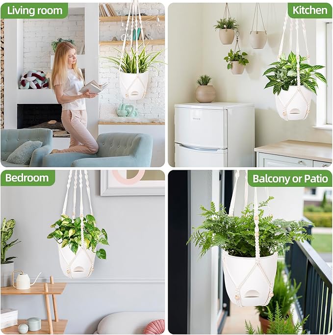2-Pack 5.7-Inch Self-Watering Hanging Planters for Indoor & Outdoor Plants,34Inch Macrame Hanger Plant Pots Indoor with Drainage,Small Hanging Planters & Baskets,With Two Sets of Hooks（Pure white） QCQHDU
