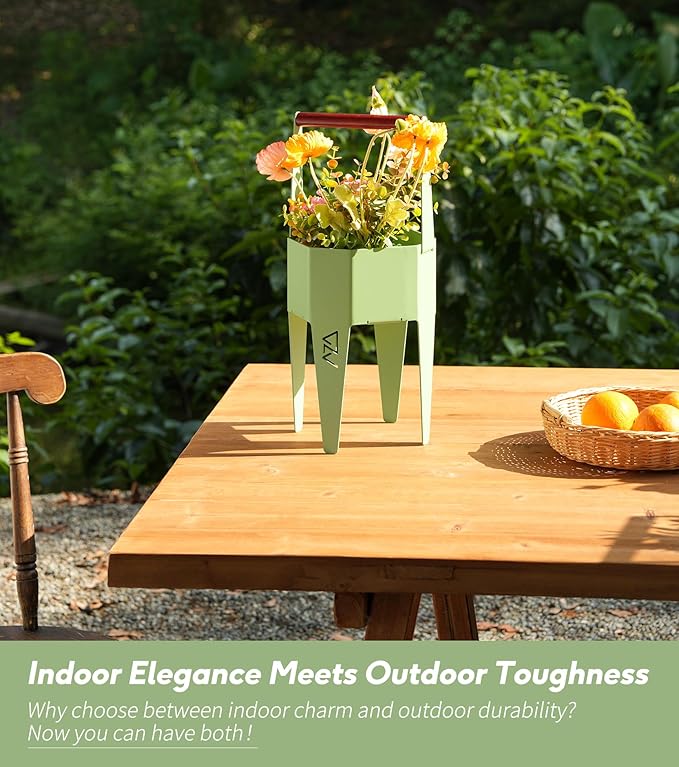 Planter with Stand, Metal 2 in 1 Portable Planter with Grow Bags & Handle, Stable Stylish Indoor Plant Pots with Stand, Modern Flower Pots Outdoor, 7.5'' x 17.3'', Green, Plant Not Included SculptingLightGarden