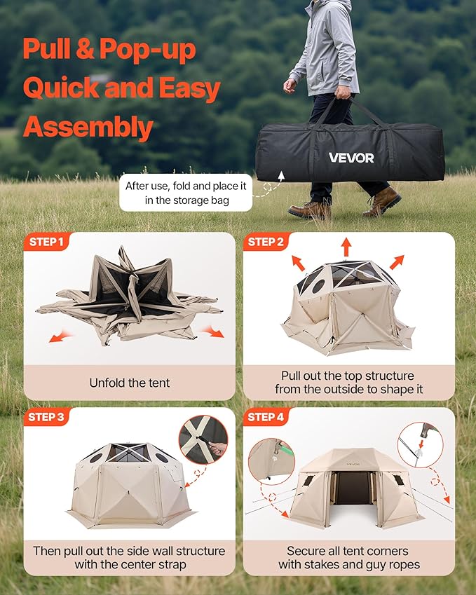 VEVOR Pop up Gazebo Screen Tent, 15 x 15 ft, 13-Sided Spherical Camping Canopy Tent with Removable Top & Carry Bag, Quick-Set & Bite-Proof, Screen House Sun Shelter for 12-15 Persons, Beige VEVOR