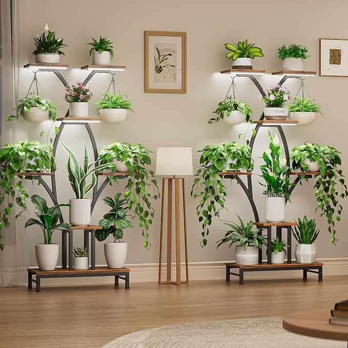 Plant Stand Indoor with Grow Lights - 7 Tiered Metal Corner Shelf for Multiple Plants, 63" Corner Plant Stand for Indoor Plants, X-Shaped Plant Rack for Home, Living Room, Office & Patio Decor Rootora