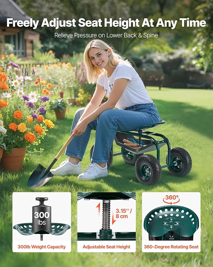 VEVOR Rolling Garden Cart with Swivel Seat, Heavy Duty Garden Seat with Storage Basket & Tool Tray, 300 lbs Weight Capacity, Outdoor Utility Gardening Stool Scooter for Lawn Yard Planting Weeding VEVOR