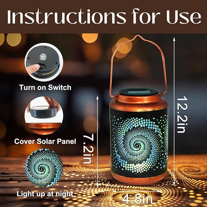 2 Pack Solar Lanterns Outdoor Hanging Metal Waterproof LED with Solar Powered Garden Patio Decorations Decor with Handle Christmas Gift Idea DIBIEECN