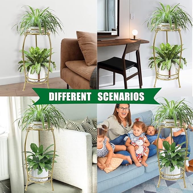 MOCORY Plant Stand Indoor Outdoor 2 Tier 27" Tall Metal Potted Holder Rack Flower Pot Stand Heavy Duty Plant Shelf Rustproof Iron Multiple Plant Round Supports Rack for Planter Corner Garden Balcony MOCORY