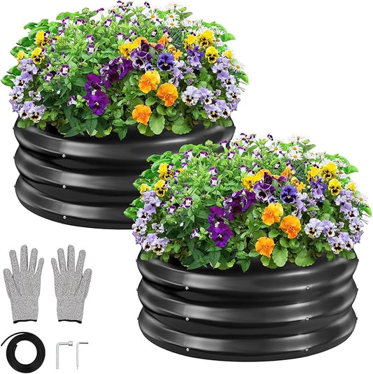 GreatBuddy 2x2x1 ft Round Galvanized Raised Bed, Easy-Assembly Raised Garden Bed with Anti-Cut Gloves & Tools, Rust-Proof Garden Bed for Outdoor, Vegetables, Herbs, Small Trees, Black GreatBuddy