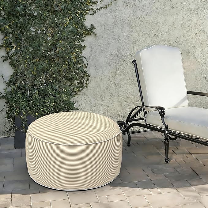 LVTXIII Indoor/Outdoor Extra Large Inflatable Ottoman Pouf D31 x H14 Inch, Round Footstool with Handle, Weather-Resistant Portable Furniture for Patio, Camping, Beach, Stripe Beige LVTXIII