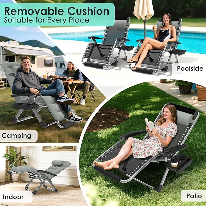 Suteck Oversized Zero Gravity Chair,29In XL Lounge Chair w/Removable Cushion&Headrest, Reclining Camping Chair w/Upgraded Lock and Footrest, Reclining Patio Chairs Recliner for Indoor Outdoor Suteck