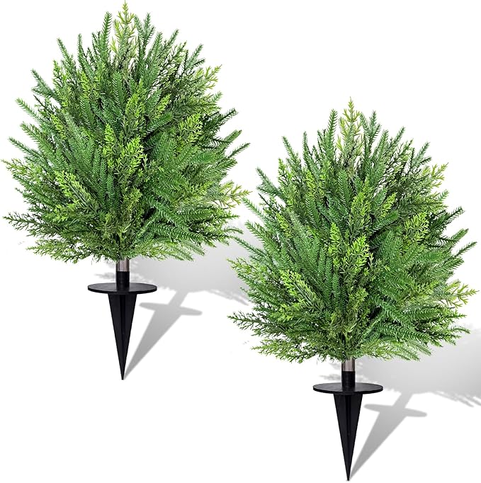 2 Pack Artificial Cypress Topiary Ball Trees with Ground Spike, 24" Norfolk Fake Bushes Shrubs UV Resistant Faux Plants Greenery for Outdoor Planters Garden Front Porch Pot Urn Fillers Spring Decor Grandeal