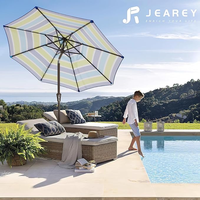JEAREY 9FT Outdoor Patio Umbrella Outdoor Table Umbrella with Push Button Tilt and Crank, Market Umbrella 8 Sturdy Ribs UV Protection Waterproof for Garden, Deck, Backyard, Pool (Blue-Green Stripe) JEAREYOutdoorsCollection