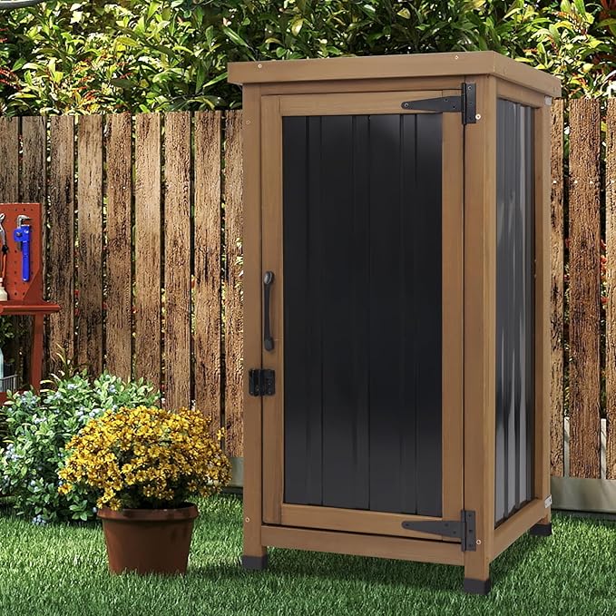 Small Outdoor Storage Cabinet Waterproof with Metal Top, Wood & Metal Outside Potting Bench Table Tool Organizer with Adjustable Shelf for Patio Backyard Garden PETSCOSSET