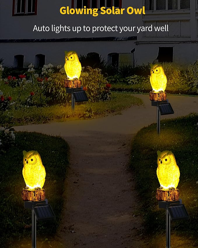 iStatue 4PC Solar Owl Garden Stake Lights Gifts for Women Mom Dad Mother's Day Realistic Resin Owl Outdoor Garden Decor, Warm Glow LED for Lawn Yard Pathway (4-Pack, Owl) iStatue