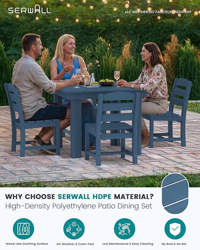 SERWALL Outdoor Dining Set for 4, HDPE Square Table and Chairs Set All Weather Patio Dining Set with 4 Armless Chairs for Patio, Blue SERWALL