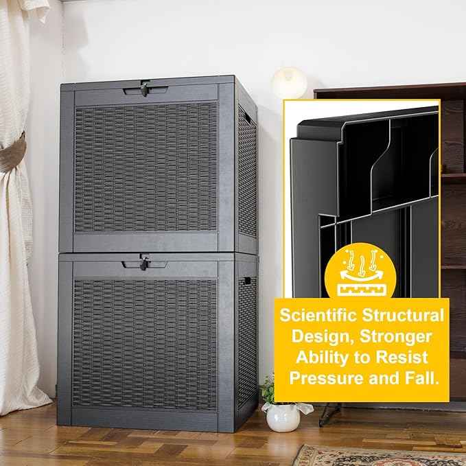 31 Gallon Outdoor Deck Box, Lockable Waterproof Outdoor Storage Boxes For Garden Tools,Indoor Cushions,Accessories Outside Storage Resin Weatherproof Container(Black)