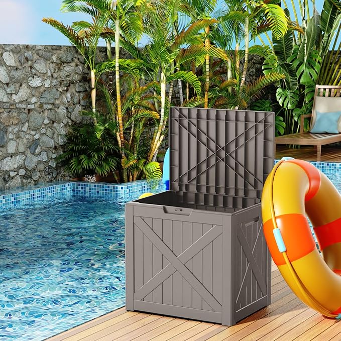 32 Gallon Outdoor Deck Box, Lockable Waterproof Outdoor Storage Boxes For Garden Tools,Indoor Cushions,Accessories Outside Storage Resin Weatherproof Container(Grey) MAIUSCOLI