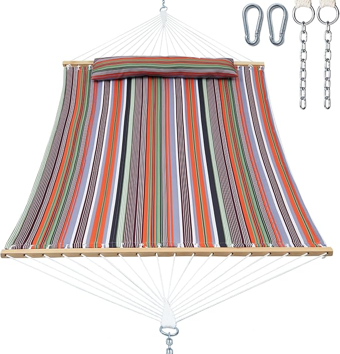 2 Person 12FT Hammocks for Outside, Double Quilted Fabric Outdoor Hammock with Spreader Bar, Large Removable Pillow, Storage Pockets, Carabiners, Max 475 lbs Capacity (Sunset Red Stripe) GafeteOutdoorLiving