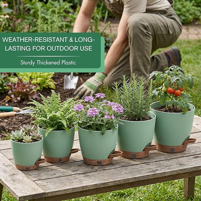 montresor 5 Pack Green 5/5.5/6/6.5/7 Inch Self Watering Planters for Outdoor, Plastic Plant Pots with Wick & Drainage, Small to Medium Indoor Pots for Snake Plant, Aloe Montresor