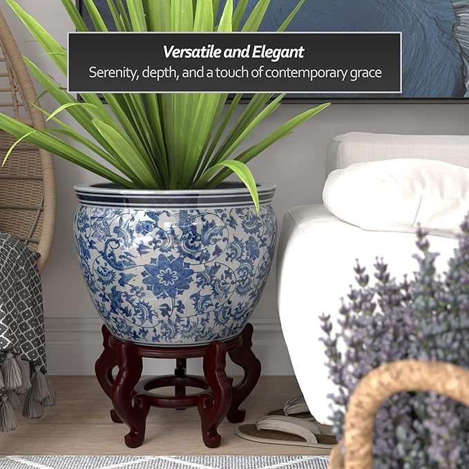 Red Lantern Large 18" Porcelain Fishbowl Blue & White Floral Planter or Cachepot for Indoor/Outdoor Use in Garden Entryway Living Room Boho Eclectic Modern Contemporary Classic Traditional Style Decor RedLantern