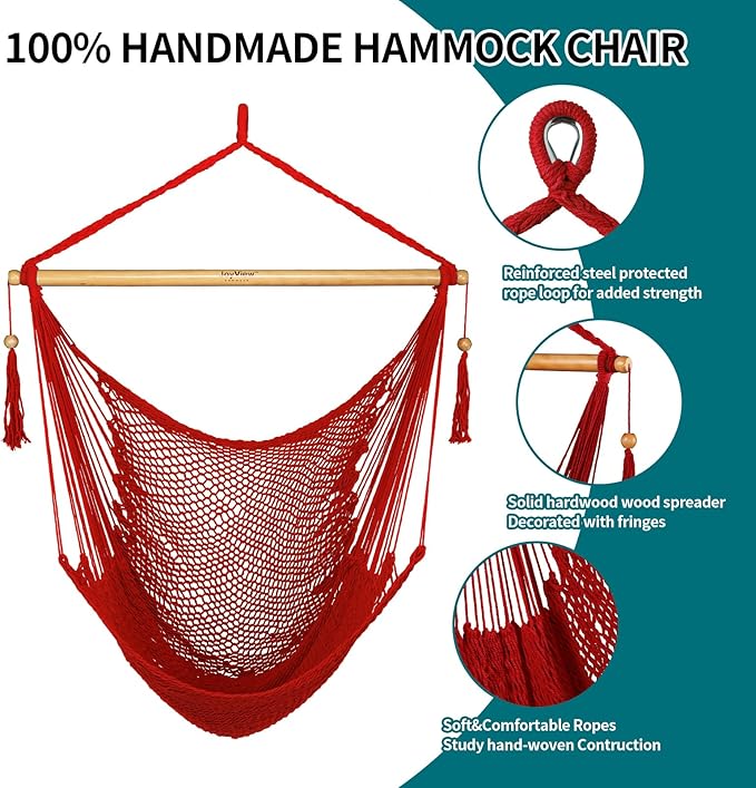JoyView Hammock Chair with Spreader Bar Caribbean Hammock Swing Chair 300 LBS Weight Capacity XL Rope Hanging Chair for Outdoor Indoor Garden Yard - Red JoyView