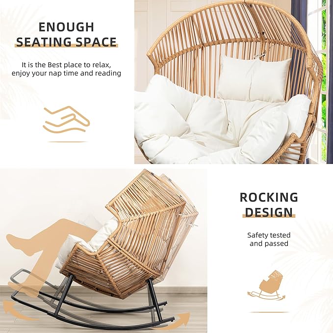 Vongrasig Wicker Egg Chair PE Rattan Rocking Chair with Cushion, Oversized Patio Lounge Rocker Chair for Outdoor, Indoor, Balcony, Backyard, Garden, Beige Vongrasig
