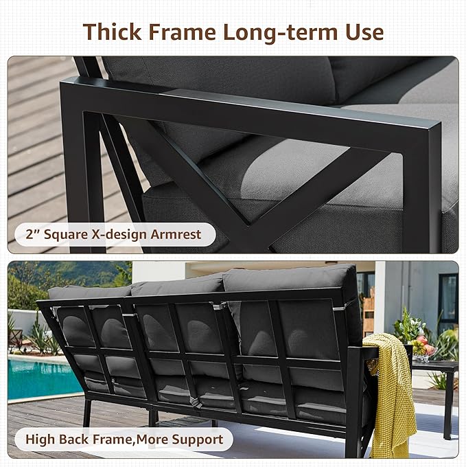 NATURAL EXPRESSIONS 6 Pieces Patio Furniture Sets, Metal Outdoor Sectional Furniture L Shape Patio Conversation Sets,Highback Frame,Metal Table,Large Waterproof Cover, 6.5" Olefin Cushions,Dark Grey NaturalExpressions