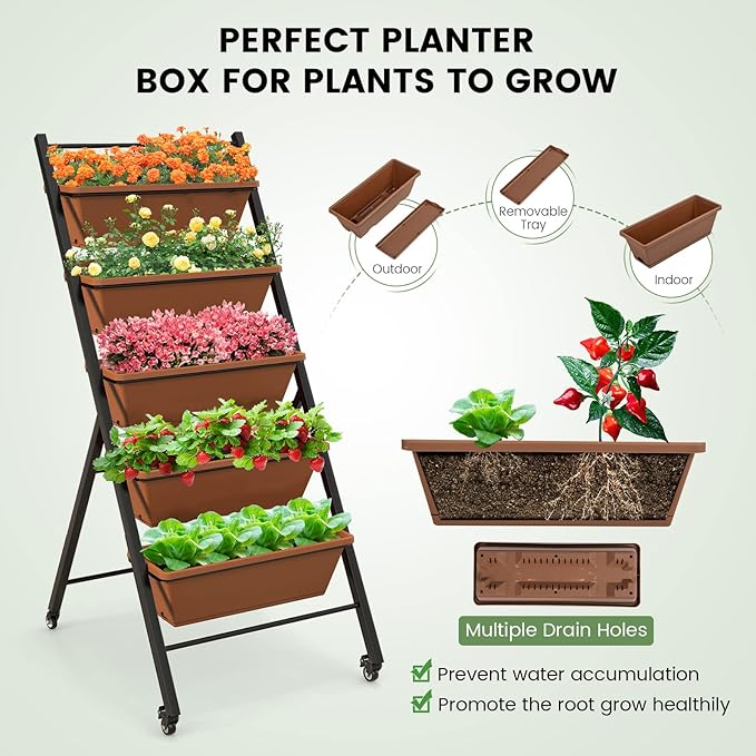 Giantex 2 Pcs Vertical Planter Raised Bed on Wheels, Elevated Garden Beds with Water Drainage Hole, Freestanding 5 Container Boxes for Herb Vegetables Flowers Growing, Outdoor Indoor Patio Balcony Giantex