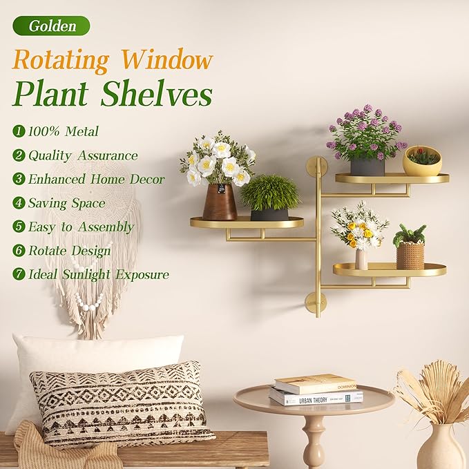 Window Rotating Plant Stand Shelf Indoor Gold Metal Floating Shelves 3-Tier Wall Mount Plant hanger Holders for Wall Planter Modern Home Decor window sill gifts YQSLYSF