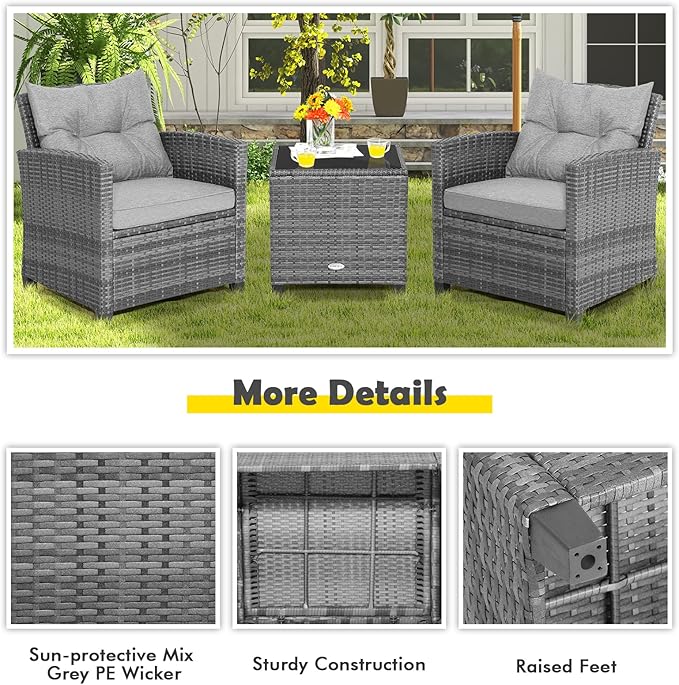 Tangkula 3 Pieces Patio Furniture Set, Outdoor PE Rattan Conversation Chair Set with Tempered Glass Side Table and Removable Cushions, PE Wicker Chairs and Table Set for Porch, Balcony and Garden TANGKULA