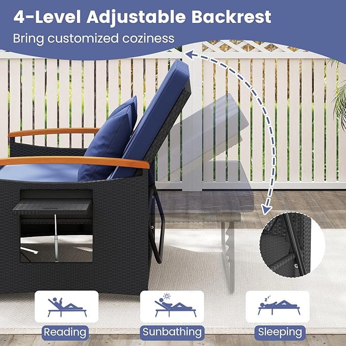 Tangkula Patio Rattan Daybed with 4-Level Adjustable Backrest, Outdoor Wicker Loveseat with Acacia Wood Armrest, Storage Ottoman & Folding Tray, Double Sunbed for Yard & Poolside (Navy & Black) TANGKULA