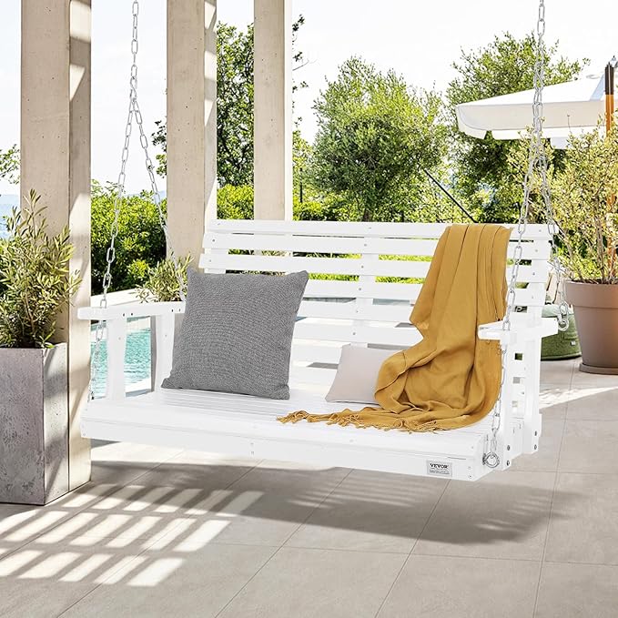 VEVOR Wooden Porch Swing 4 ft, Patio Bench Swing for Courtyard & Garden, Upgraded 880 lbs Strong Load Capacity, Heavy Duty Swing Chair Bench with Hanging Chains for Outdoors, White VEVOR