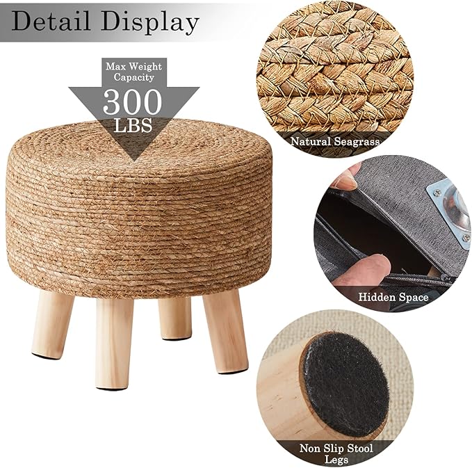 Cpintltr Foot Stool Natural Seagrass Hand Weave Poufs Round Ottoman for Couch Desk Soft Step Stool Padded Foot Rest with Non-Skid Pine Legs for Hallway Office Lounge Natural CpintltrFruniture