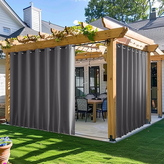 NICETOWN 2 Panels Outdoor Curtains for Patio Waterproof, W100 x L95 Windproof Extra Wide Grommet & Back Tab on Top & Bottom Thermal Insulated Sun Blocking Drapes with Rope for Gazebo, Grey NICETOWN