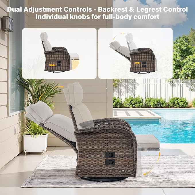 5 Piece Patio Furniture Set with Swivel Recliner Chair - Removable Outdoor Patio Couch Set, Chaise Lounge Chair Outdoor with Adjustable Backrest and Footrest and Coffee Table for Casual Gathering Belord