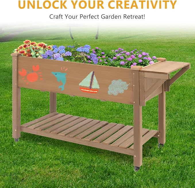 Raised Garden Bed with Lockable Wheels Mobile Elevated Wood Planter,Storage Shelf, Protective Liner,55.5x24x32in (Brown) Ketive