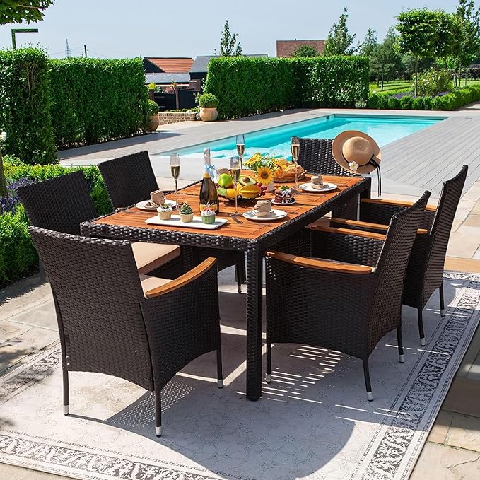 Devoko Dining 7 PCS Furniture, Patio Conversation Set with Acacia Wood Table Top, Outdoor, Beige Cushion and Black Rattan DEVOKO