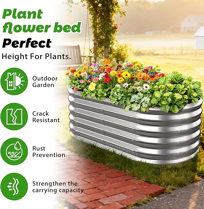 17" Tall Outdoor Garden Raised Garden Bed Kits, 4ft X 2ft Oval,0.8MM Thick Metal Raised Planter Bed/Ground Planter Box for Variety of Flowers,Herbs,Vegetables (Silver, 48X24X16.5 Inches) YSEJOMP