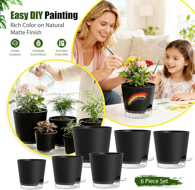 Plant Pots 4/5/5.5/6/6.5/7 Inch Self Watering Pots, 6 Pack Plastic Planters with Drainage Holes and Clear Saucers,Plastic Flower Pots,Nursery Planting Pot for Indoor Out Door Plants(Black) SQKH