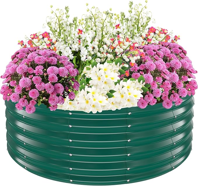 17" Tall Elevated Round Metal Rised Garden Bed- 4'x4' in Size and 0.8MM Thick Durable Planter Box for Vegetables Flowers Succulent at Patio/Garden Outdoor (Dark Green, 4FT Diameter) TBMLC