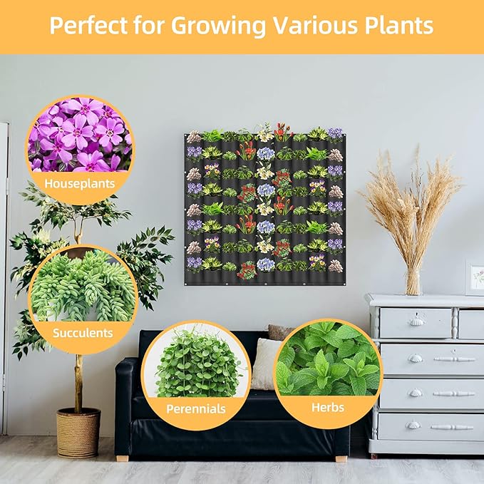 Hanging Planting Grow Bags, 72 Pockets Hanging Vertical Wall Planter Wall Mounted Grow Bag Outdoor Indoor Gardening Vertical Greening Flower Container, Planting Bags Storage Bags(1.0 m × 1.0 m, Black) LITLANDSTAR