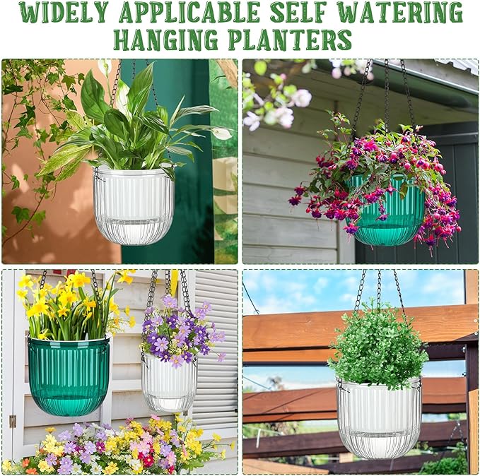 Maxcheck 4 Pcs Self Watering Hanging Planters Indoor Gift 6.5'' 4.5'' Hanging Flower Pots Baskets Outdoor Self Watering Plant with 3hooks Drainage Holes for Home(Emerald,Clear) Maxcheck