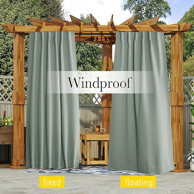 NICETOWN 2 Panels Outdoor Curtains Waterproof Pocket & Back Tab on Top & Bottom, Thermal Insulated Windproof Sun Blocking Outside Privacy Drapes for Patio with Fixed Rope, W84 x L95, Sage Green NICETOWN