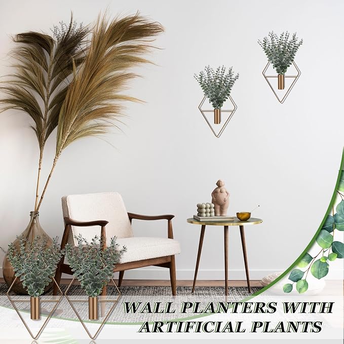 Jexine 4 Pcs Hanging Planters with Artificial Eucalyptus Metal Hanging Vase Indoor Plants Holder Modern Geometric Boho Bathroom Wall Decor for Living Room Home Office (Eucalyptus,Bronze) Jexine