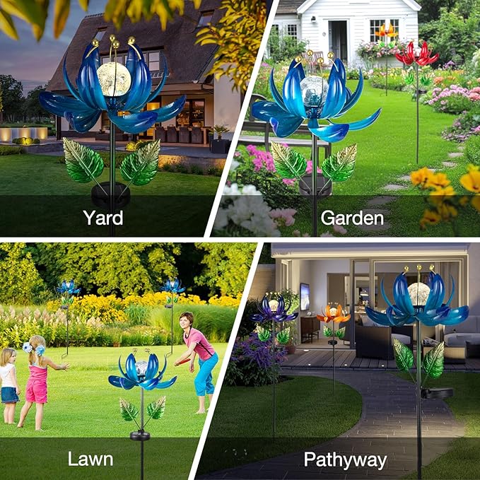 Solar Garden Lights Metal Flower Decor, Colorful Lotus Pathway Spinning Windmill with LED Cracked Crystal Ball Outdoor Decorative Stake Lighting Waterproof Flower Sculpture for Patio Yard AIINY