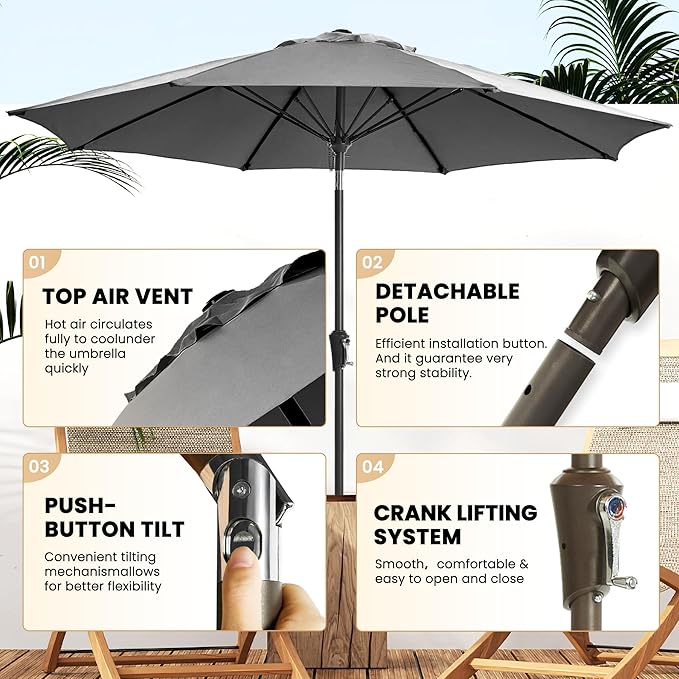Ayge 9FT Large Outdoor Patio Umbrella Market Table Umbrella-UV Resistant, Easy Push Button Tilt and Crank, 8 Sturdy Fiberglass Ribs Heavy-Duty Pool Umbrella for Deck, Backyard,Garden,Grey AYGE
