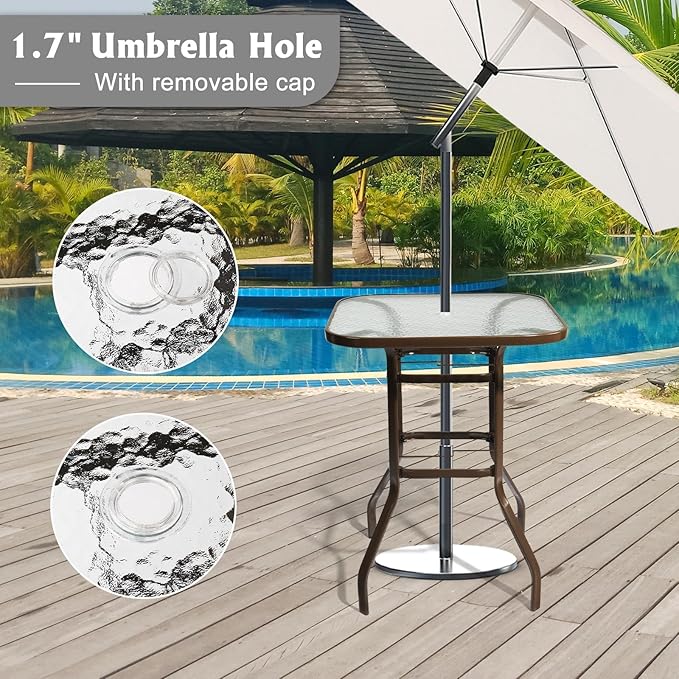 VINGLI Outdoor Bar Table with Umbrella Hole, Metal Patio Bar Height Pub Table for Patio High Top (Brown) VINGLI